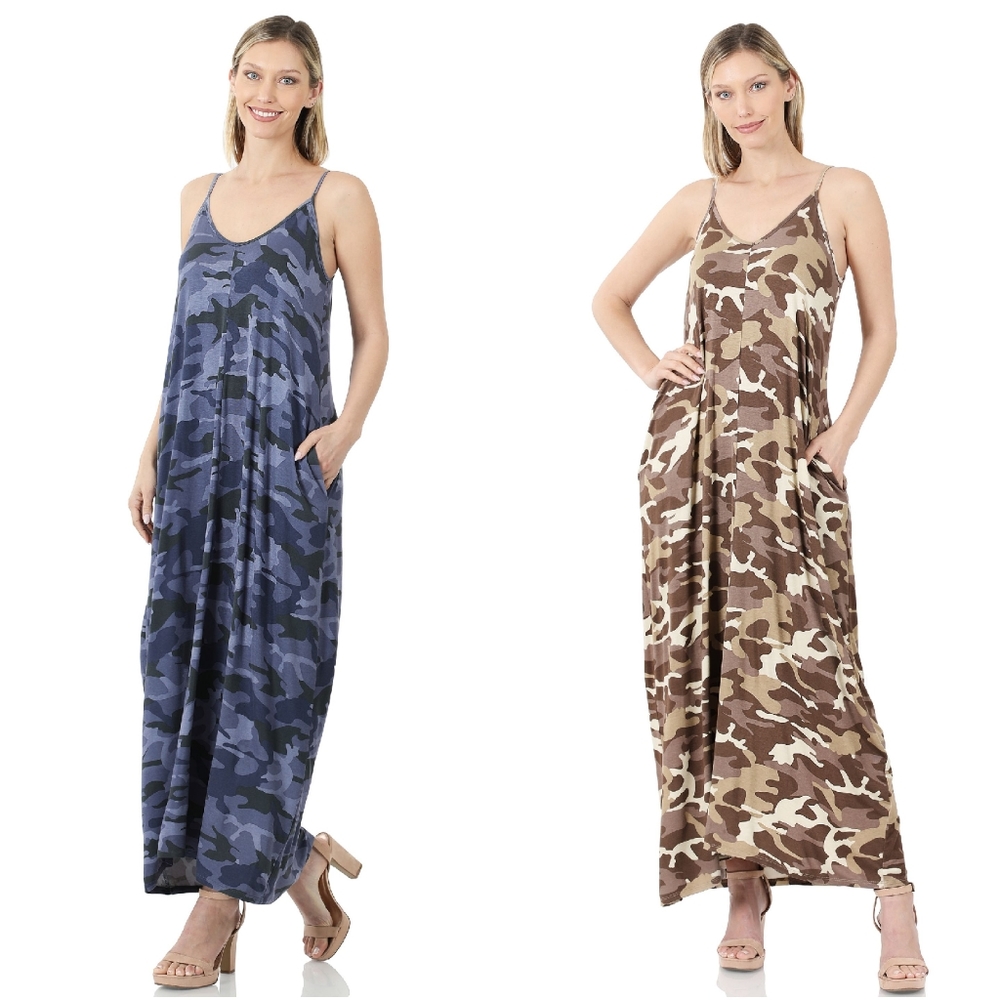 Sleeveless V Neck Camo Adjustable Cami Maxi Dress
